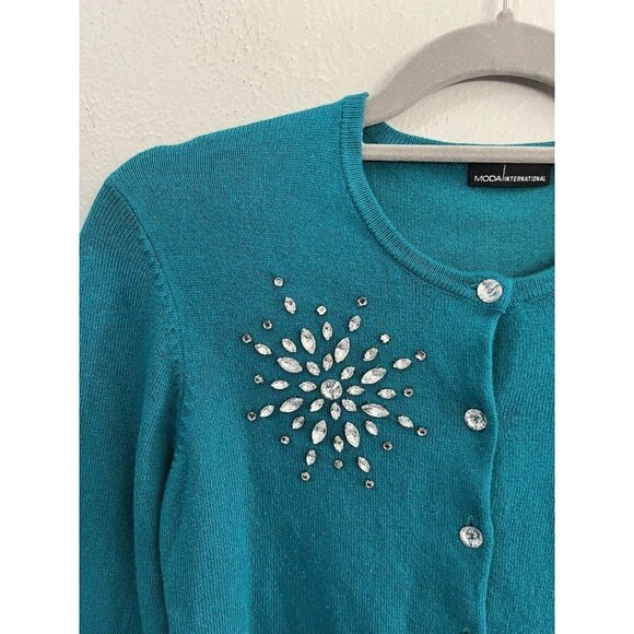 moda international embellished Cashmere Blend Sweater  Women Small Teal Green - Picture 3 of 10